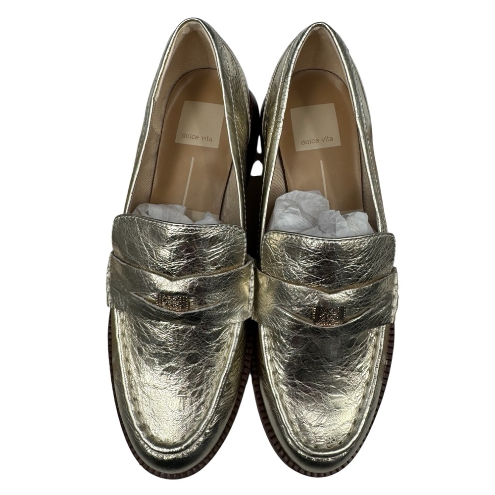 Dolce Vita Hilly Metallic Crinkle Leather Wide Loafers Platinum Coin Size 7.5W